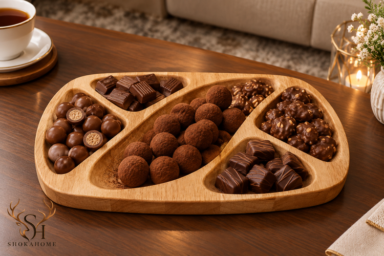 اردوخوری چوبی مستطیل پنج خانه شوکا از جنس چوب رابروود با رنگ طبیعی و طراحی کاربردی