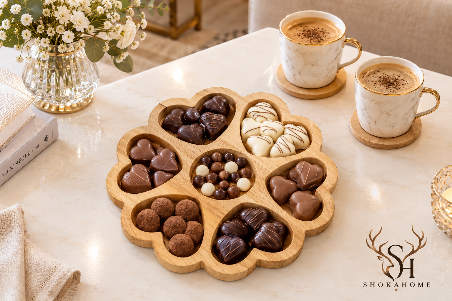 اردوخوری چوبی هفت خانه طرح قلب شوکا از جنس چوب رابروود با رنگ طبیعی